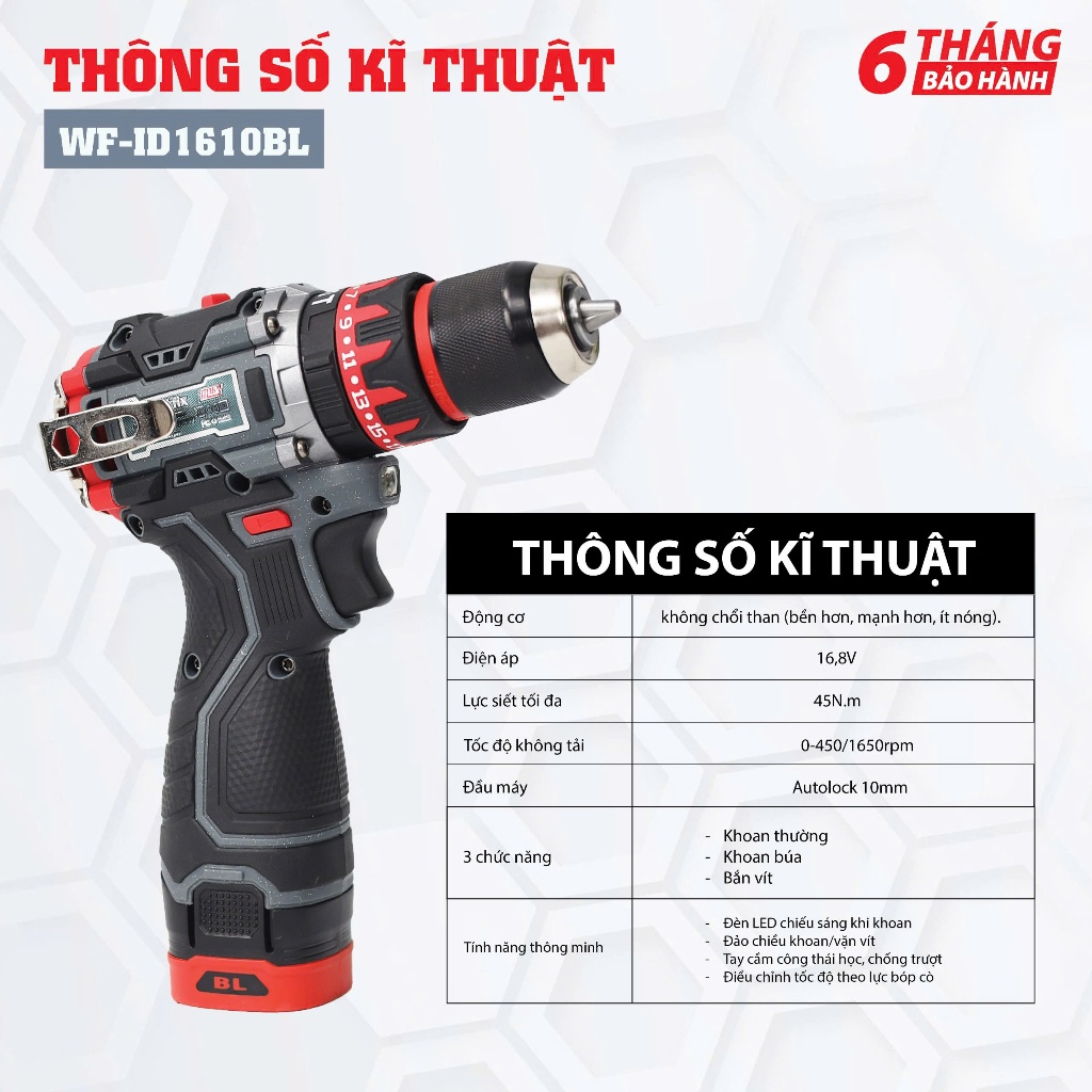 Máy khoan pin Workfix WF-ID1610BL 16.8V 2 cấp độ 3 chức năng búa khoan vít, đầu 10mm có autolock động cơ không chổi than