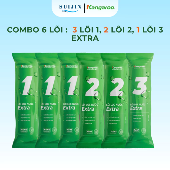 Combo 6 lõi lọc thô KANGAROO dòng EXTRA bao gồm 3 lõi 1 - 2 lõi 2 - 1 lõi 3 dành cho máy có 3 cốc lọc 10 inch