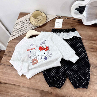 Quần áo thu đông, Sét áo nỉ mèo mix quần chấm bi cho bé gái
