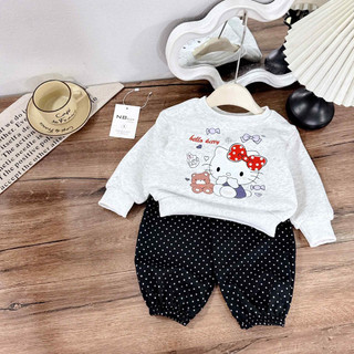 Quần áo thu đông, Sét áo nỉ mèo mix quần chấm bi cho bé gái