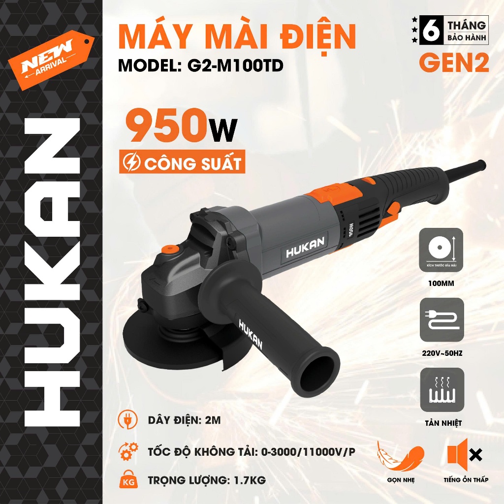 [Tặng 10 đá] Máy mài điện, cắt sắt cầm tay HUKAN G2-M100TD, Công suất 950w, 7 Cấp tốc độ chỉnh tốc