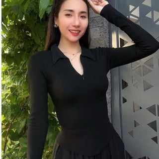 Áo nữ cổ Polo Thiết kế khóa kéo cách điệu may vạt bầu ôm chiết eo thon mảnh