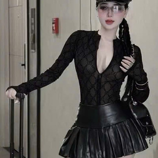 Áo Lưới Nhung Chữ Nổi 1 lớp Hotgirl Dáng Ôm kéo Khóa