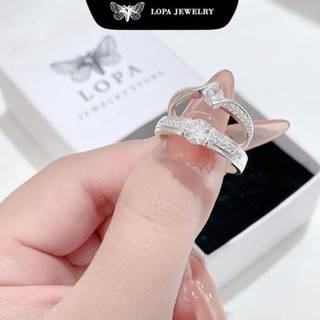 [Hộp Xinh]Nhẫn Đôi Bạc LoPa SK122, nam hot nữ chéo đính đá lấp lánh,Bạc LoPa