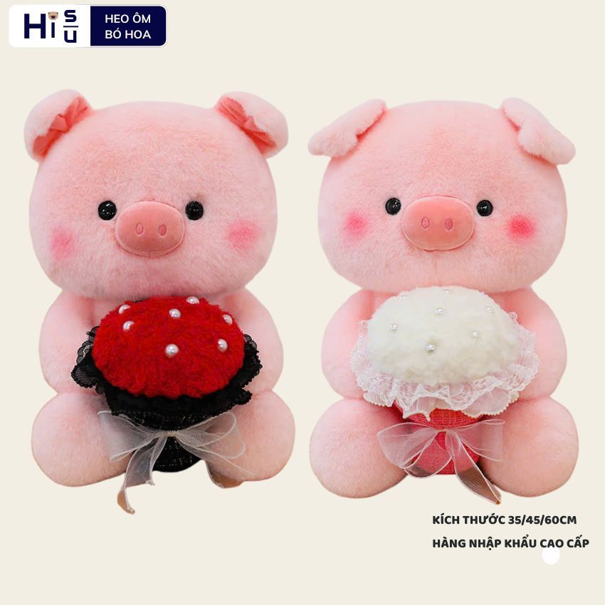 Gấu bông heo hồng ôm bó hoa đáng yêu, Thú nhồi bông lợn ôm hoa làm quà tặng sinh,valentine cho bạn gái