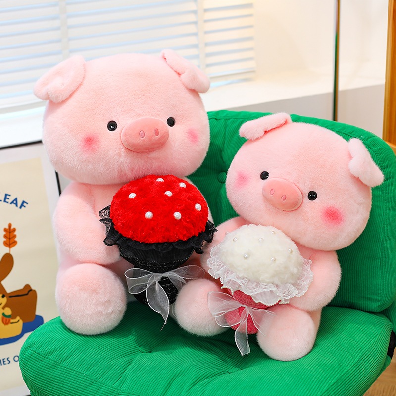 Gấu bông heo hồng ôm bó hoa đáng yêu, Thú nhồi bông lợn ôm hoa làm quà tặng sinh,valentine cho bạn gái