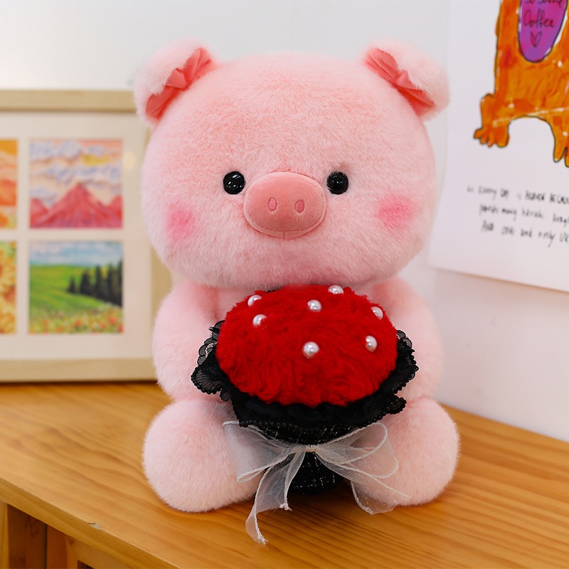 Gấu bông heo hồng ôm bó hoa đáng yêu, Thú nhồi bông lợn ôm hoa làm quà tặng sinh,valentine cho bạn gái