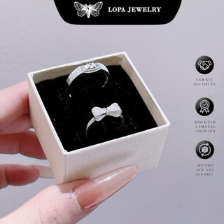 [Hộp Xinh]Nhẫn Đôi Bạc LoPa SK040,nhẫn nam nữ nơ đính đá lấp lánh tinh tế,Bạc LoPa