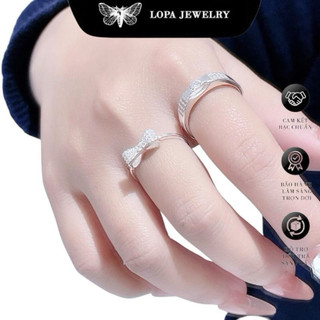 [Hộp Xinh]Nhẫn Đôi Bạc LoPa SK040,nhẫn nam nữ nơ đính đá lấp lánh tinh tế,Bạc LoPa