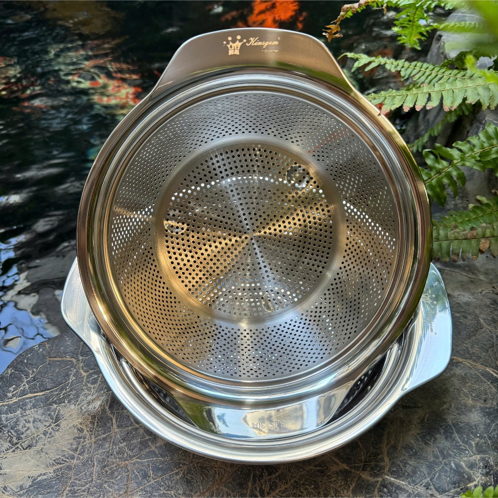 Rổ Chậu KINSGEM by Chockmen Inox Cao Cấp Dày Dặn Rổ Rửa Rau Rửa Hoa Củ Quả Có Tay Cầm Lỗ Thoát Nước