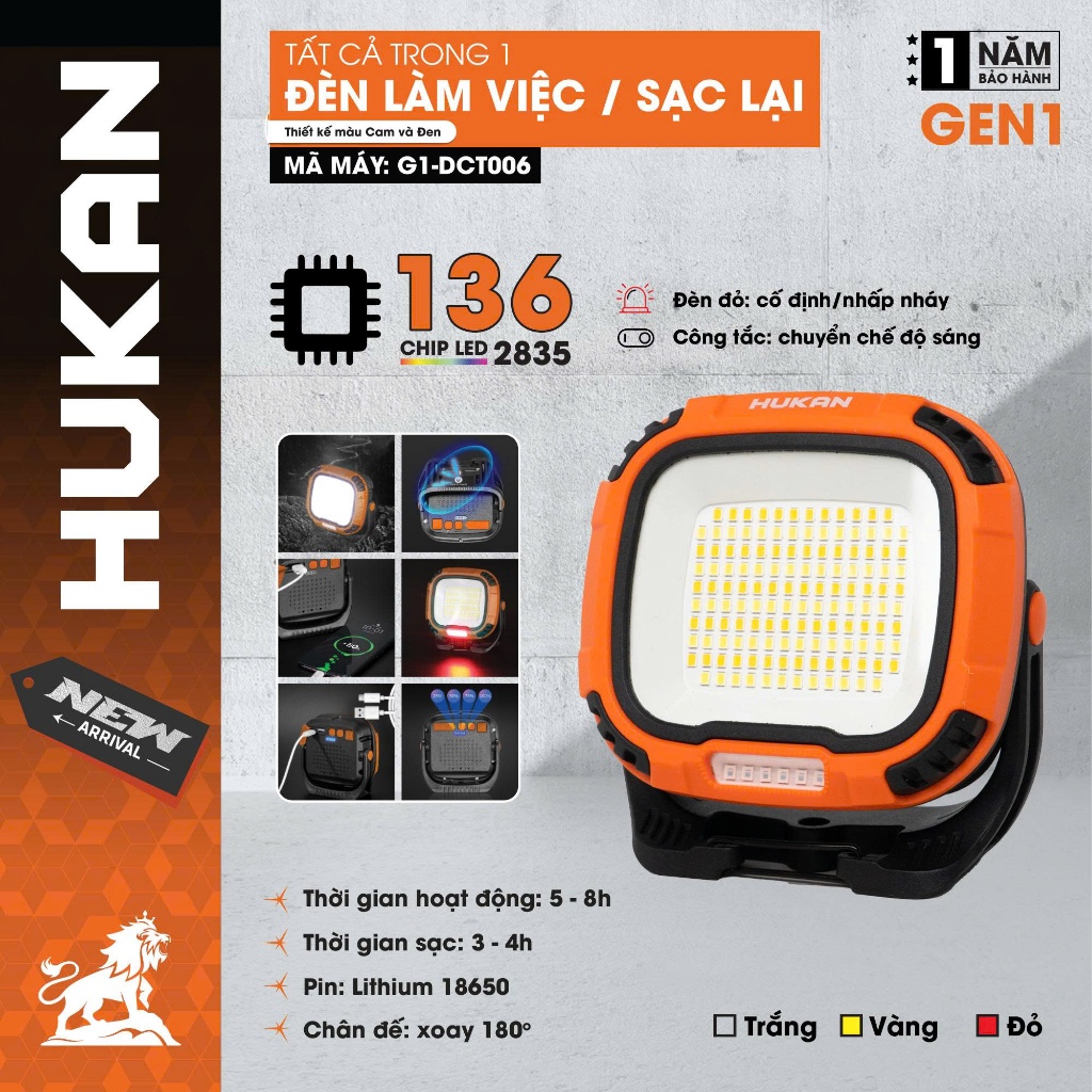 Đèn Chiếu Sáng Tích Điện HUKAN G1-DCT006|136 Chip LED 2835– Sạc Type-C –Thời Gian Sử Dụng 3-15h – Bảo Hành 6 tháng