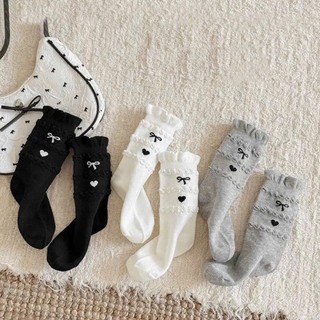 Set 5 Đôi Tất Cổ Cao Viền Bèo 3 Tầng Họa Tiết Nơ Tim Siêu Yêu Cho Bé Gái te116