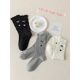 Set 5 Đôi Tất Cổ Cao Viền Bèo 3 Tầng Họa Tiết Nơ Tim Siêu Yêu Cho Bé Gái te116