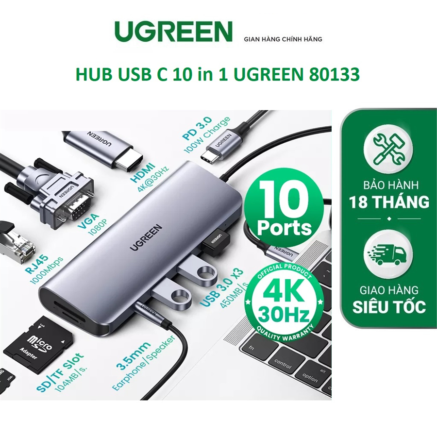 Cáp USB Type-C 10 in 1 tích hợp HDMI, VGA, 3.5mm, Lan, USB, Đọc Thẻ ...