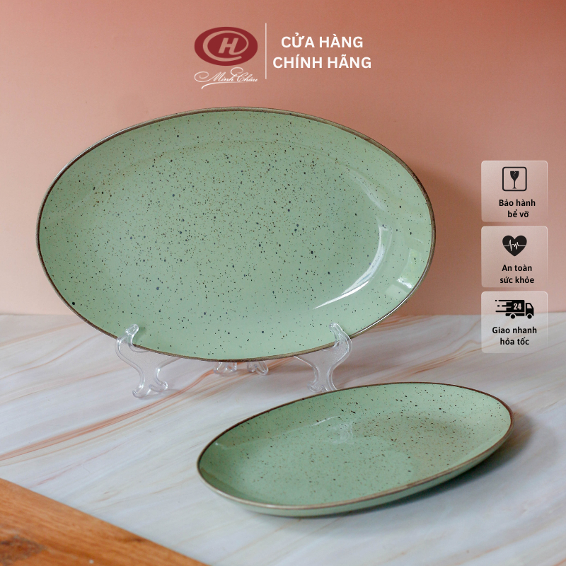 Đĩa xoài oval sứ màu xanh lá men muối tiêu kiểu Nhật - Sứ Minh Châu