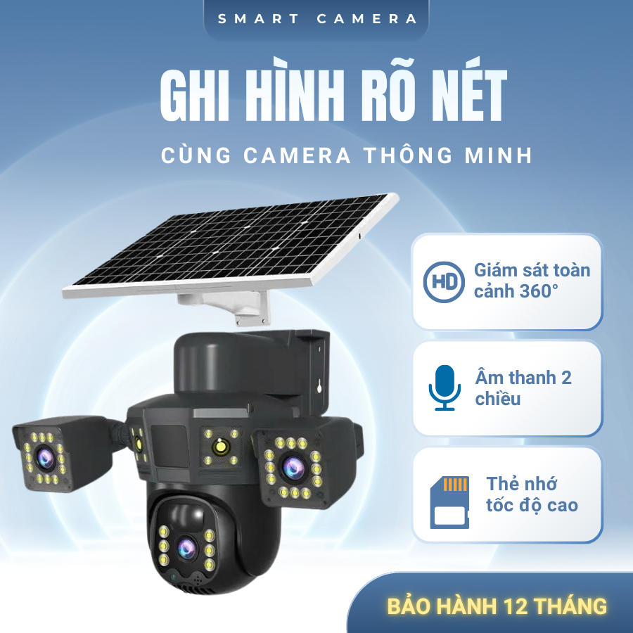 Camera 3 Mắt Năng Lượng Mặt Trời 4G Ngoài Trời – Zoom 10X Siêu Nét 12MP, Xoay 360, Đàm Thoại 2 Chiều, Chống Nước IP66