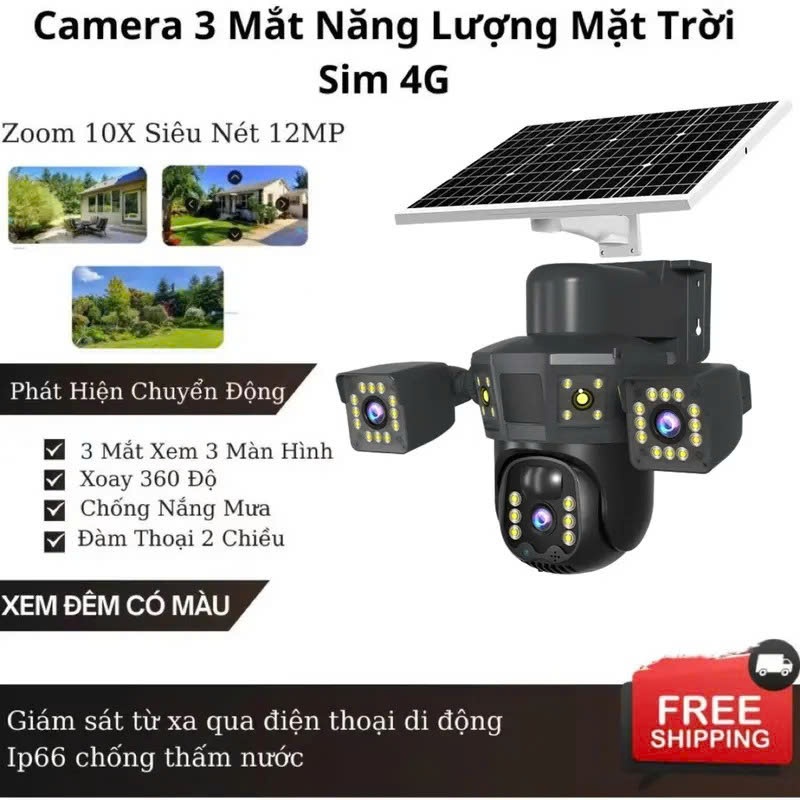 Camera 3 Mắt Năng Lượng Mặt Trời 4G Ngoài Trời – Zoom 10X Siêu Nét 12MP, Xoay 360, Đàm Thoại 2 Chiều, Chống Nước IP66