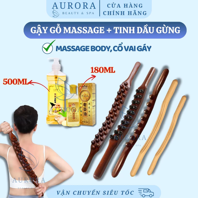 Gậy gỗ massage body và tinh dầu gừng massage 180ml, 500ml | Combo gậy gỗ massage và tinh dầu massage body