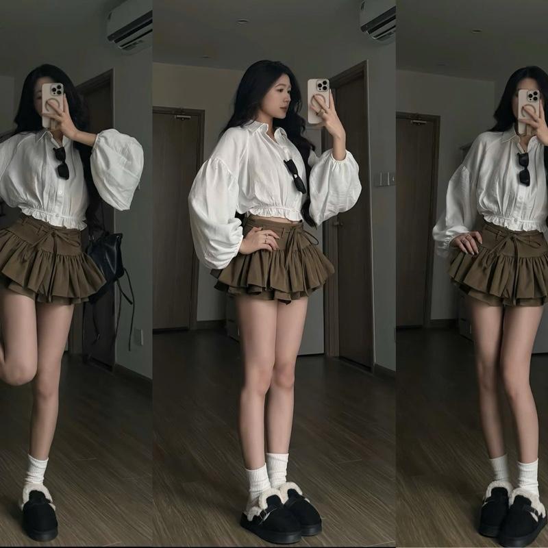 Áo Sơ Mi Nữ Croptop Tay Bồng Dáng Ngắn Ôm Eo, Áo Kiểu Nữ Tiểu Thư Phong Cách Hàn Quốc Màu Đen Trắng CHEZI HOUSE #1378