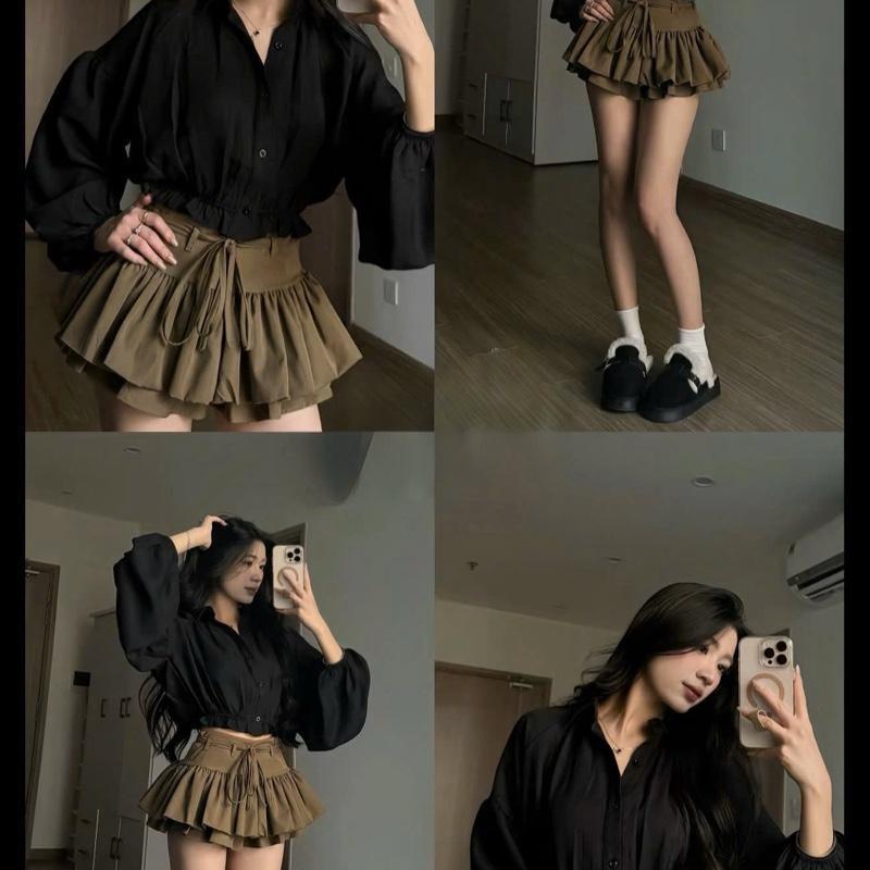 Áo Sơ Mi Nữ Croptop Tay Bồng Dáng Ngắn Ôm Eo, Áo Kiểu Nữ Tiểu Thư Phong Cách Hàn Quốc Màu Đen Trắng CHEZI HOUSE #1378
