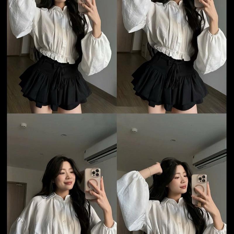 Áo Sơ Mi Nữ Croptop Tay Bồng Dáng Ngắn Ôm Eo, Áo Kiểu Nữ Tiểu Thư Phong Cách Hàn Quốc Màu Đen Trắng CHEZI HOUSE #1378