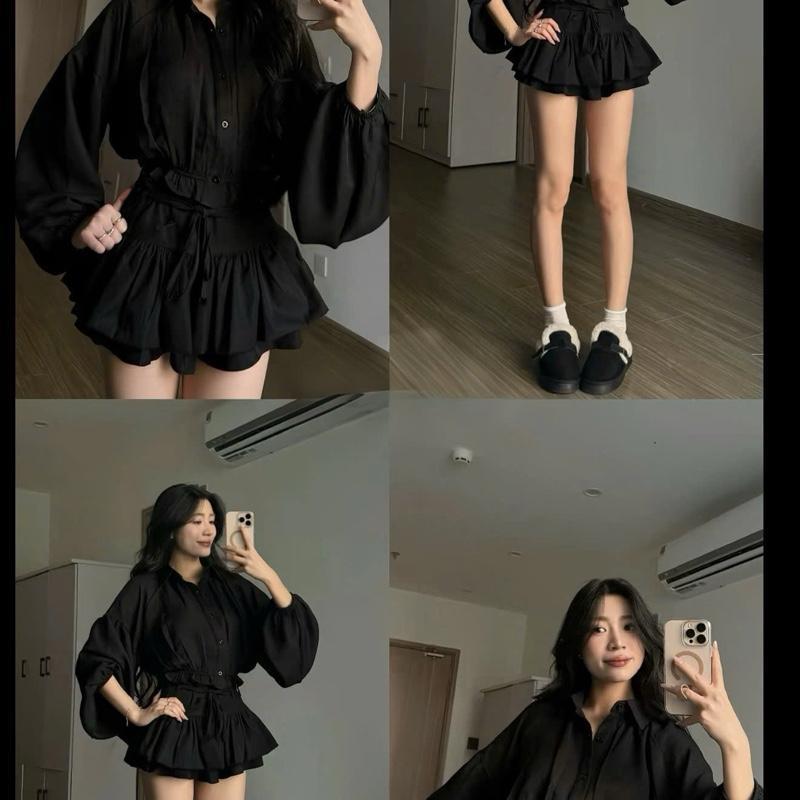 Áo Sơ Mi Nữ Croptop Tay Bồng Dáng Ngắn Ôm Eo, Áo Kiểu Nữ Tiểu Thư Phong Cách Hàn Quốc Màu Đen Trắng CHEZI HOUSE #1378