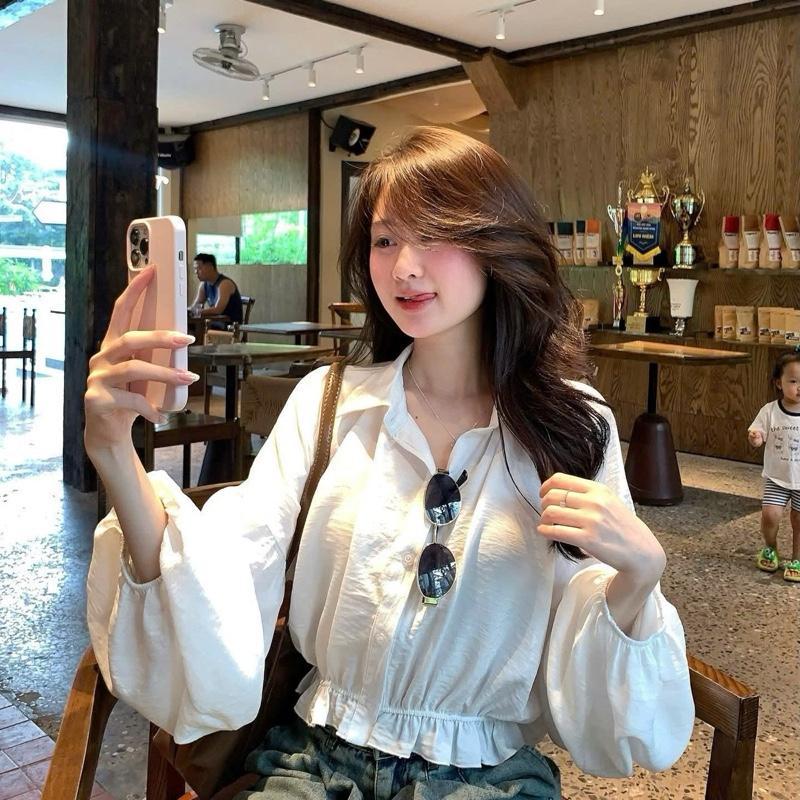 Áo Sơ Mi Nữ Croptop Tay Bồng Dáng Ngắn Ôm Eo, Áo Kiểu Nữ Tiểu Thư Phong Cách Hàn Quốc Màu Đen Trắng CHEZI HOUSE #1378