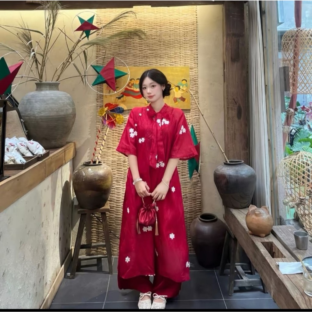 Áo dài Tuyết Mai voan tơ phối cổ buộc nơ cách điệu, áo dài thêu hoa nổi LABEL  AD04