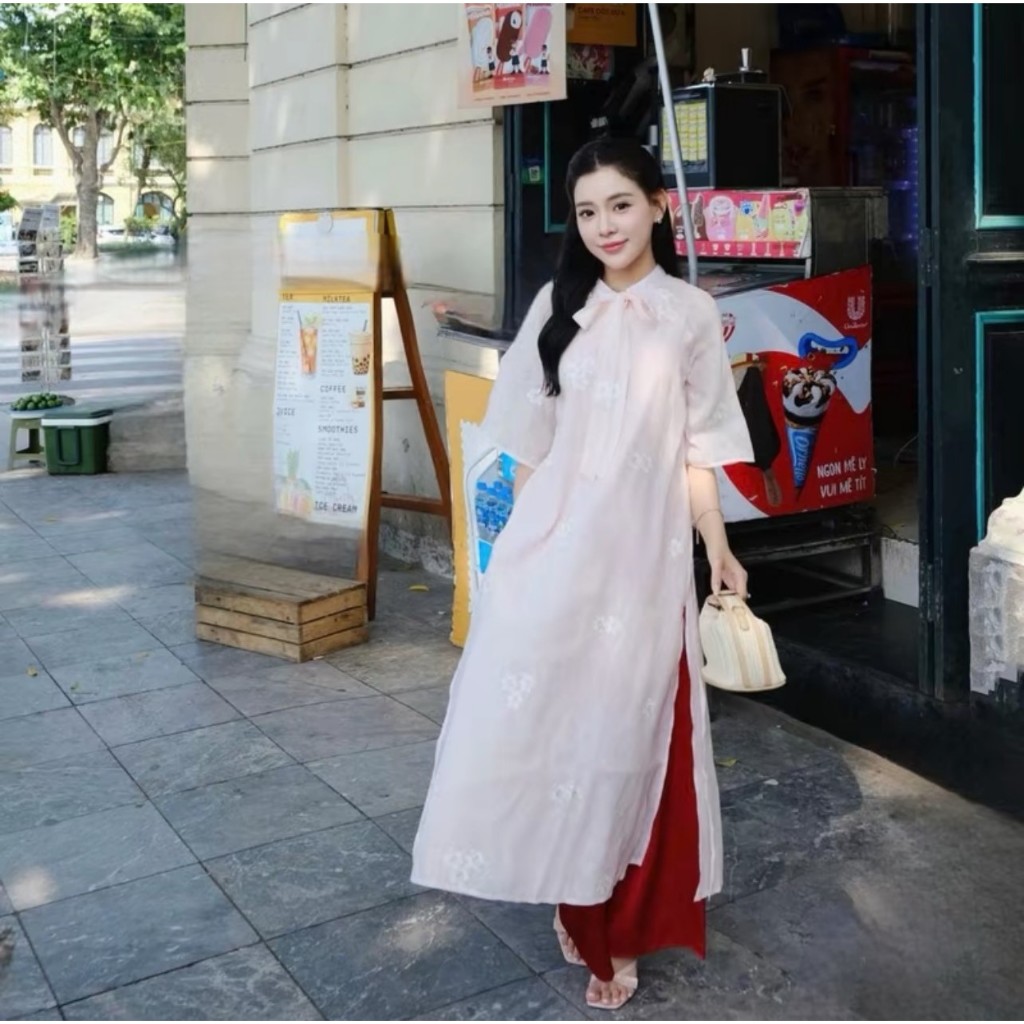 Áo dài Tuyết Mai voan tơ phối cổ buộc nơ cách điệu, áo dài thêu hoa nổi LABEL  AD04