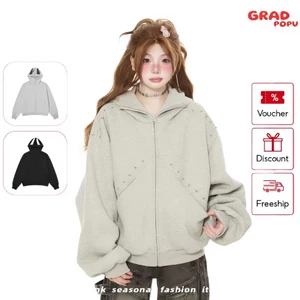 Áo nỉ trùm đầu nam nữ GRADPOPU màu xám đinh tán có khóa kéo phong cách cá tính thời trang thu đông AK02