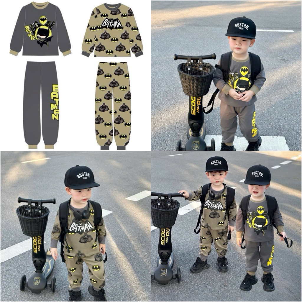 HH10 Set bộ dài tay cho bé mặc thu đông in B.atman 2 màu chất cotton size 90-150(7-25kg)