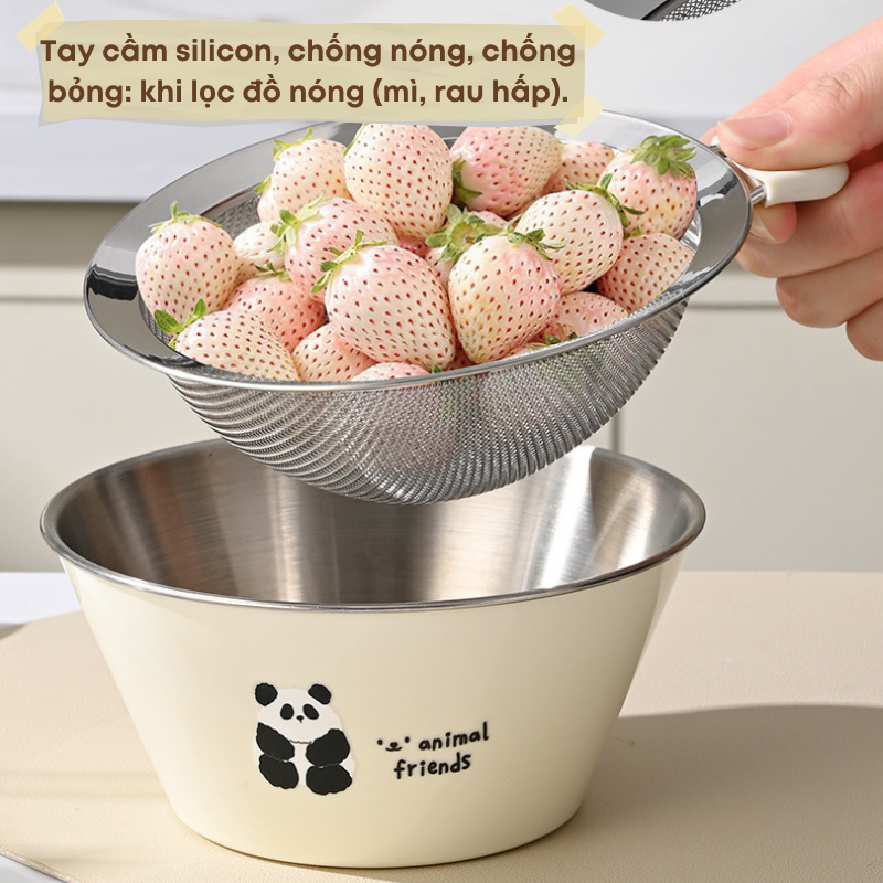 Bát Đựng Trái Cây Inox 304 + Rây Lọc Tay Cầm Silicon – Dung Tích 650ml – Màu Kem Hàn Quốc KOOBEE | 323