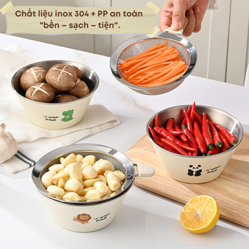Bát Đựng Trái Cây Inox 304 + Rây Lọc Tay Cầm Silicon – Dung Tích 650ml – Màu Kem Hàn Quốc KOOBEE | 323