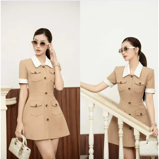 Váy nữ công sở cổ sơ mi trắng phối chân váy ngắn đi làm đi chơi
