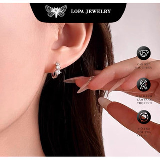 Khuyên tai nữ Bạc, SK001, dáng chốt bấm đính 3 viên đá xinh xắn , cá tính, Bạc LoPa