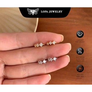 Khuyên tai nữ Bạc, SK001, dáng chốt bấm đính 3 viên đá xinh xắn , cá tính, Bạc LoPa