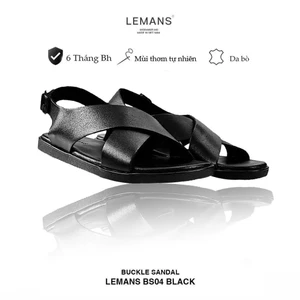 Dép Sandal quai chéo nam Lemans BS04.1 màu đen da bò, đế cao su có mùi thơm, Bảo hành 06 tháng