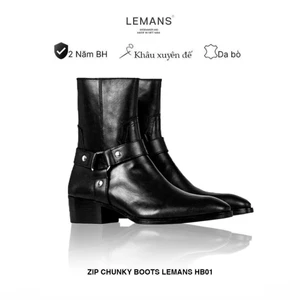 Giày da bò Harness Boots nam Lemans HB01.1, gót cao 5.5cm vân gỗ, khóa kéo YKK, BH 12T