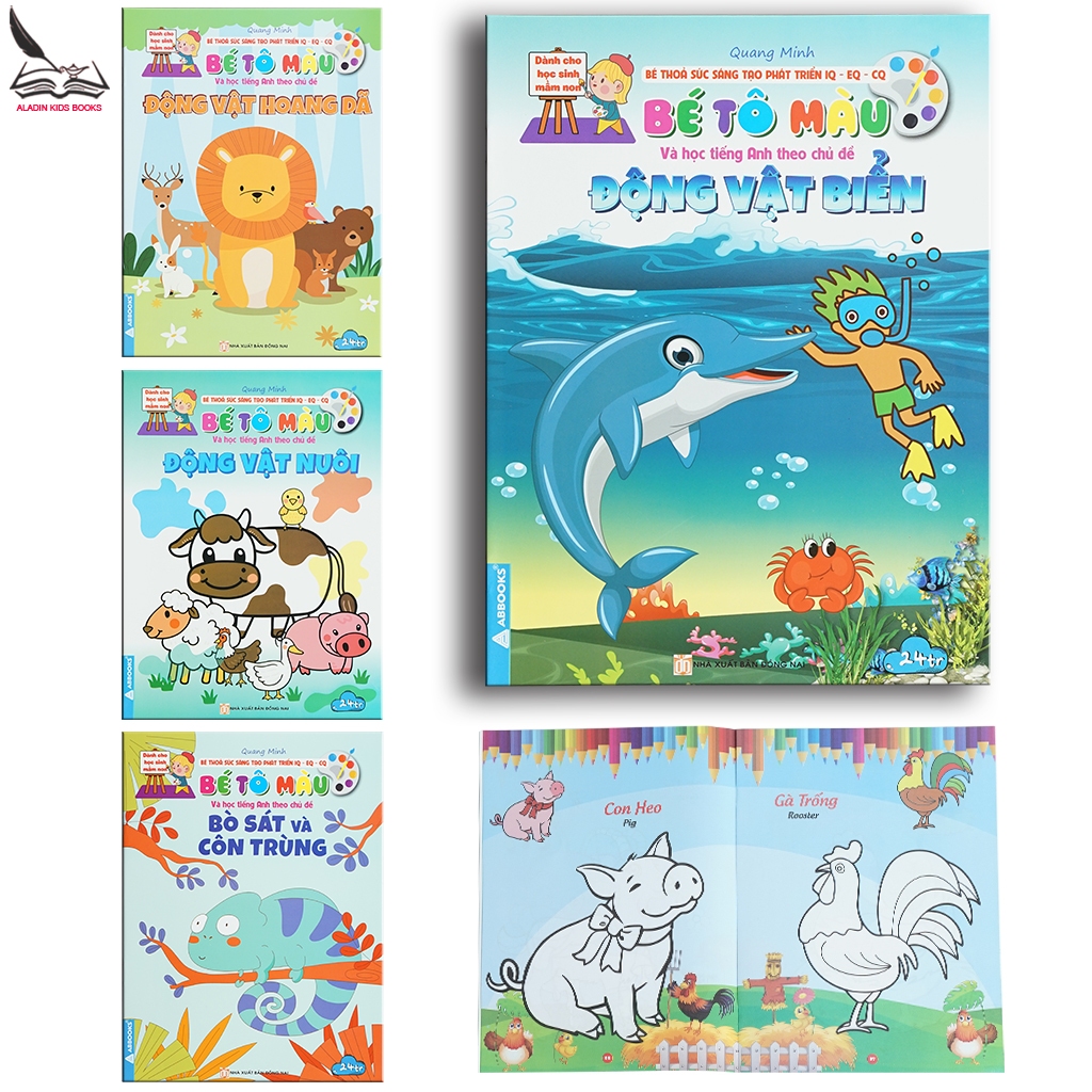 Sách- Bộ 4 Quyển Bé Tô Màu Và Học Tiếng Anh Theo Chủ Đề Động Vật (Biển, Hoang Dã, Nuôi, Côn Trùng)