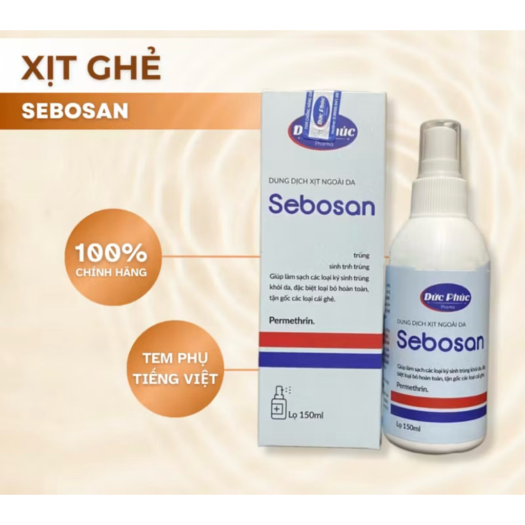 Dung dịch xịt ghẻ Sebosan chứa Permethrin 5% giúp làm sạch ghẻ, trứng ...
