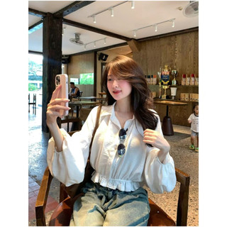 Áo Sơ Mi Dáng Croptop Tay Bồng Chun Dưới Cá Tính ChangStore - A31