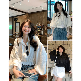 Áo Sơ Mi Dáng Croptop Tay Bồng Chun Dưới Cá Tính ChangStore - A31