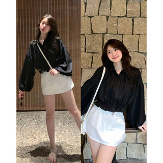 Áo Sơ Mi Dáng Croptop Tay Bồng Chun Dưới Cá Tính ChangStore - A31