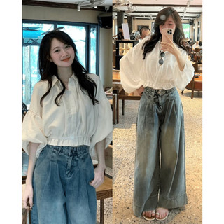 Áo Sơ Mi Dáng Croptop Tay Bồng Chun Dưới Cá Tính ChangStore - A31