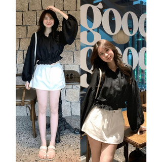 Áo Sơ Mi Dáng Croptop Tay Bồng Chun Dưới Cá Tính ChangStore - A31