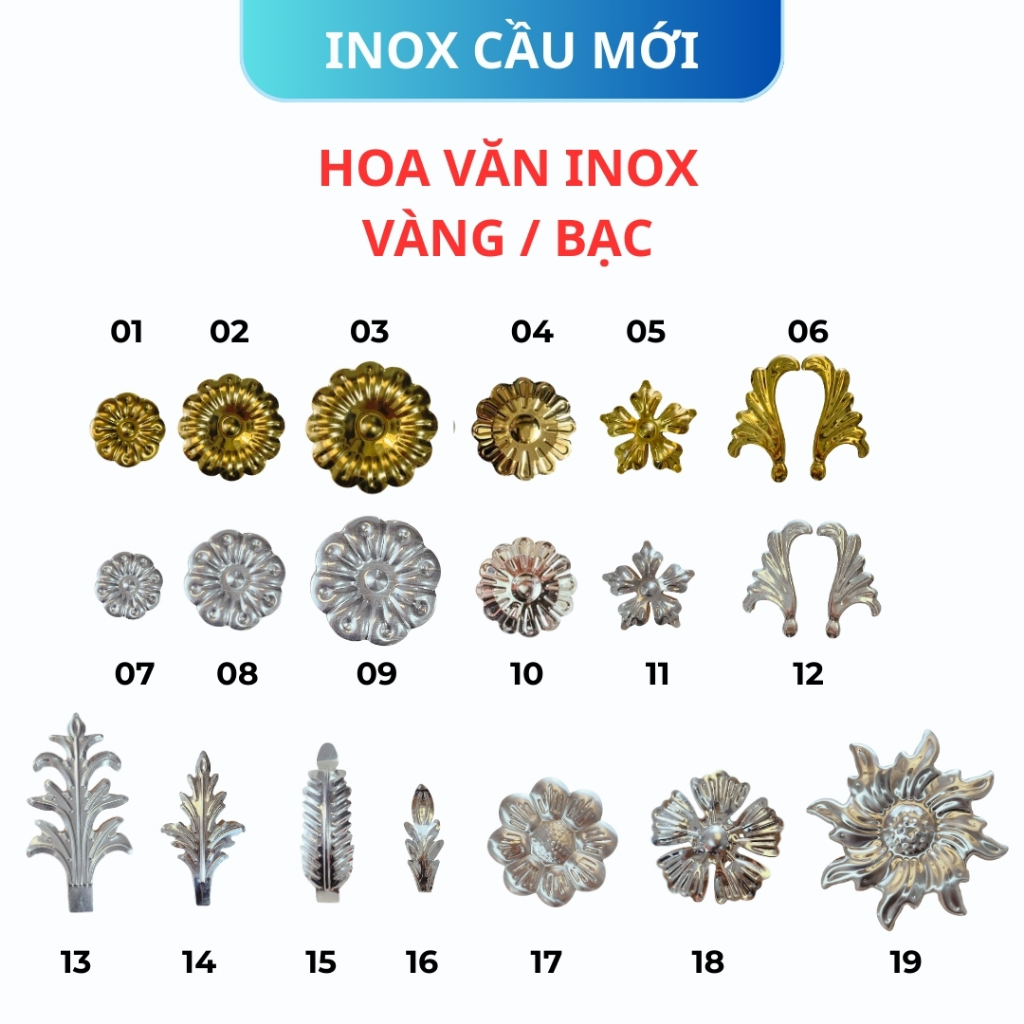 Hoa văn trang trí inox 304, đa dạng mẫu mã, kích thước, màu sắc vàng, bạc cao cấp