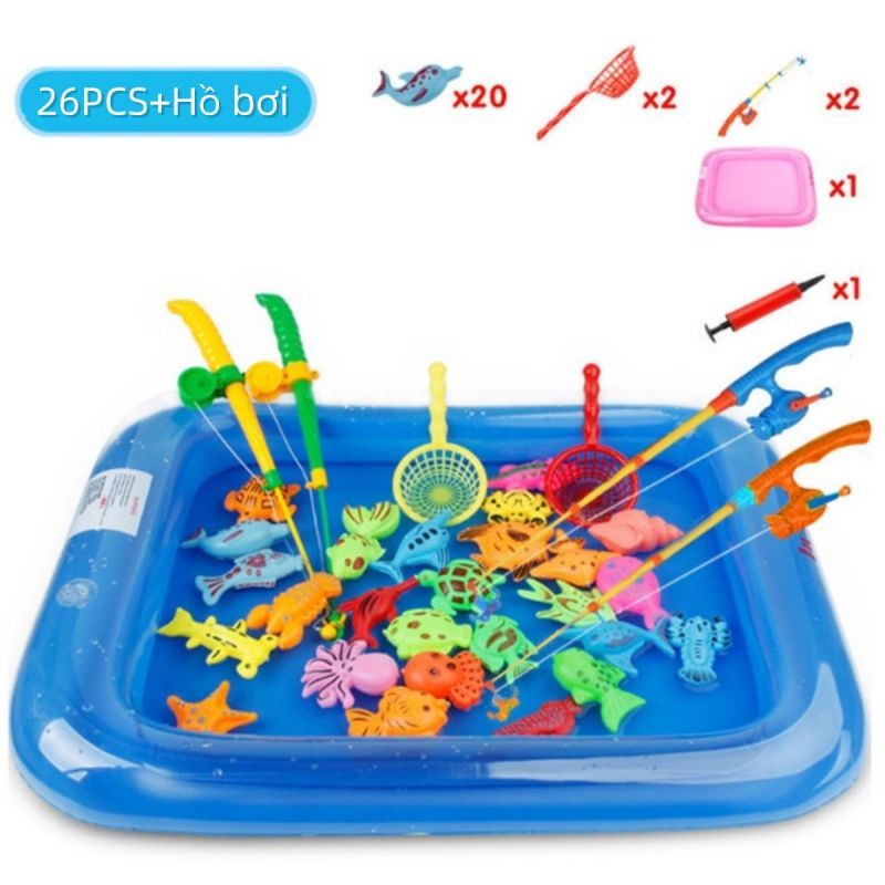 26PCS Trẻ em Đồ chơi Câu cá Trò chơi Câu cá từ Rod Fish Hook Bể bơi bơm hơi của trẻ em Đồ chơi tương tác cha mẹ-con