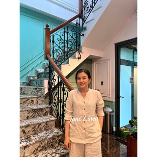 [JUNE LINEN] A08. Áo sơ mi nữ 100% Linen cổ trụ tay dài. Ảnh thật