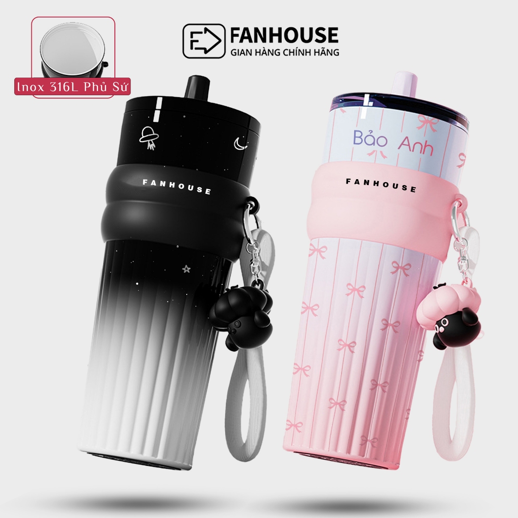 Ly giữ nhiệt khắc tên Candy Ceramic Fan House bình nước giữ nhiệt 12h inox 316 phủ sứ 710ml tặng charm 3D