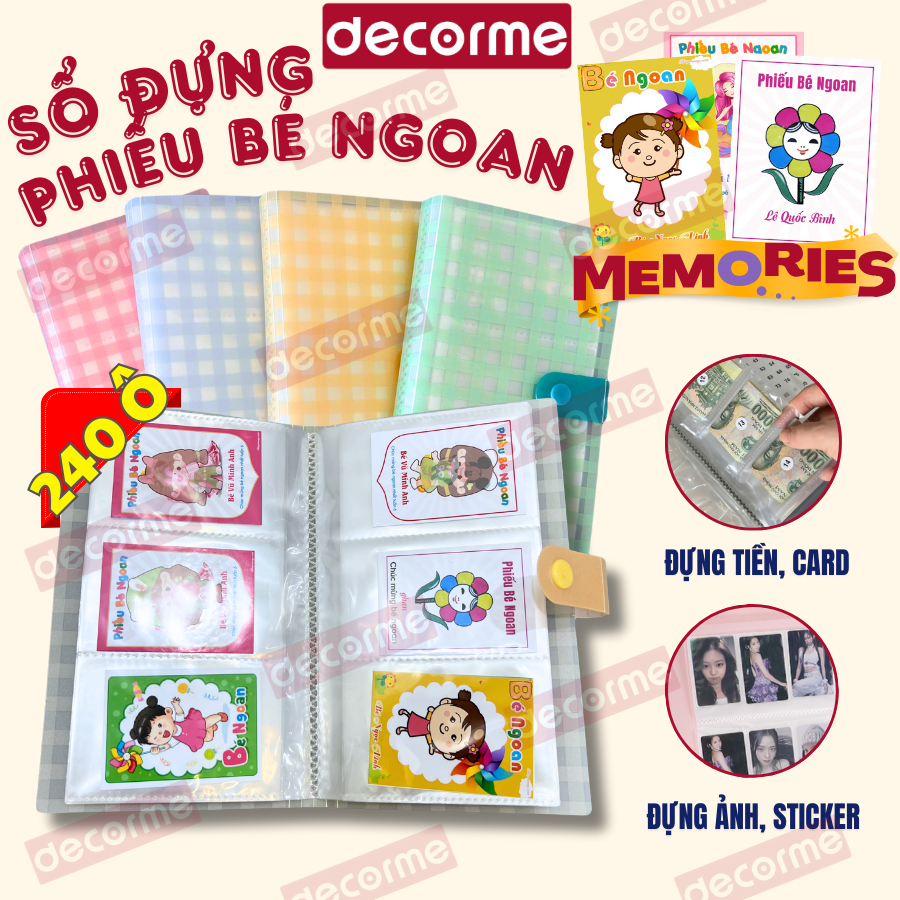 Sổ đựng phiếu bé ngoan 240 ô, sổ  đựng tiền cúc bấm Decorme sổ A6 nhiều ô lưu trữ album tiết kiệm phiếu bé ngoan